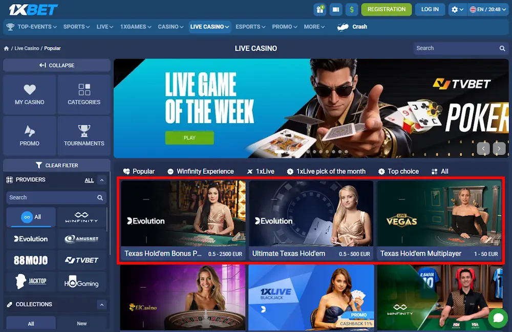 1xBet Casino Texas Holdem Poker Games Screenshot